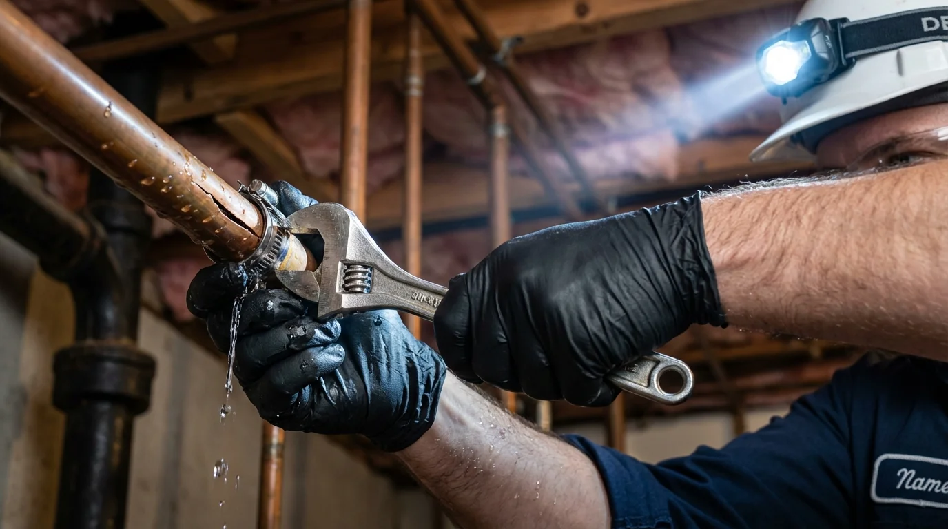 Emergency pipe clamp repair being performed by a Johns Plumbing LLC plumber in Bracey
