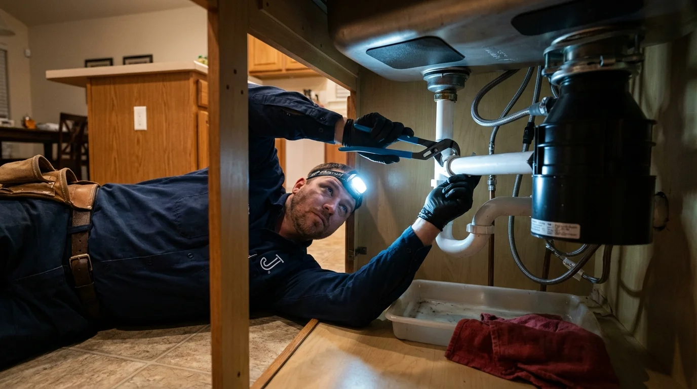 P-trap and supply line connections under a kitchen sink showing a common leak point in Bracey, VA